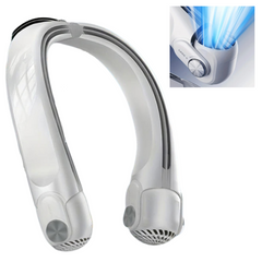 360° Portable Neck Fan in white, bladeless wearable fan with turbine air outlets