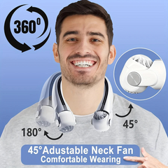 Man wearing the 360° Portable Neck Fan, showing the 45 and 180 degree adjustable outlets