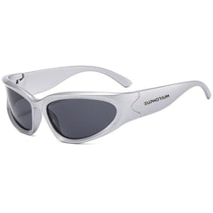 808 Glasses in Silver, wraparound frame with black smoke lenses, angled view