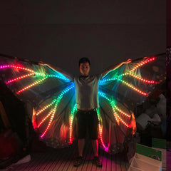 Plasma Dragon LED Wings (Performer Grade) lit up in rainbow colours, worn with arms spread