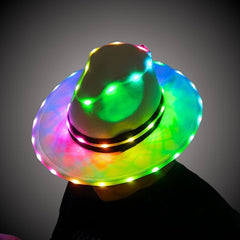 Cyber Cowboy LED Hat (Performer Grade) glowing green, pink and orange from the front