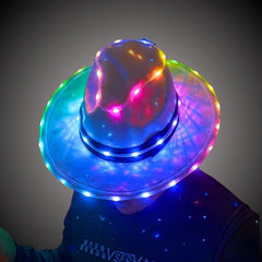 Cyber Cowboy LED Hat (Performer Grade) lit in rainbow colours across the brim and crown