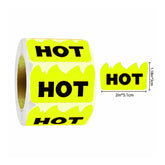 Hot Stickers in Yellow, roll of bold HOT labels with a single sticker shown beside it