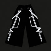 White Tron Phat Pants with silver-white reflective angular strips and suspenders on black fabric