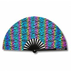 Rainbow holographic zebra-print folding rave fan with black ribs and Euphorium logo