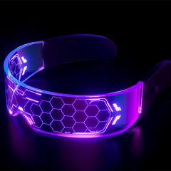 Cyberpunk LED Glasses in Honeycomb style, purple lit visor with hexagon pattern
