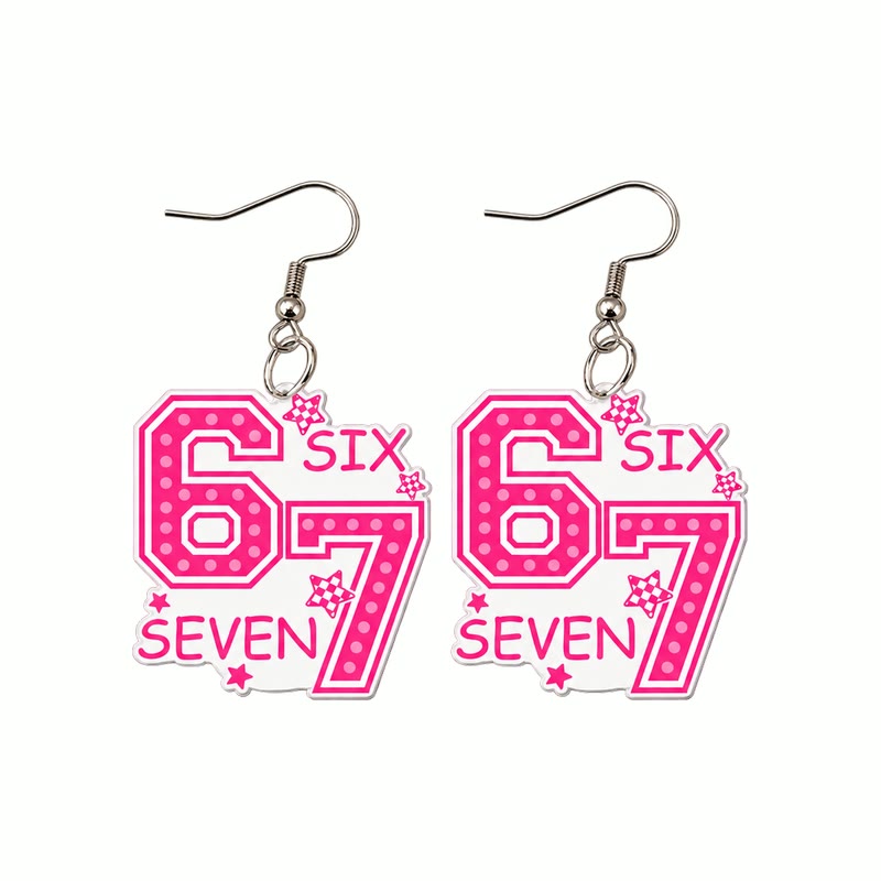 Doof Earrings in 67, pink glitter number six and seven drops on silver hooks