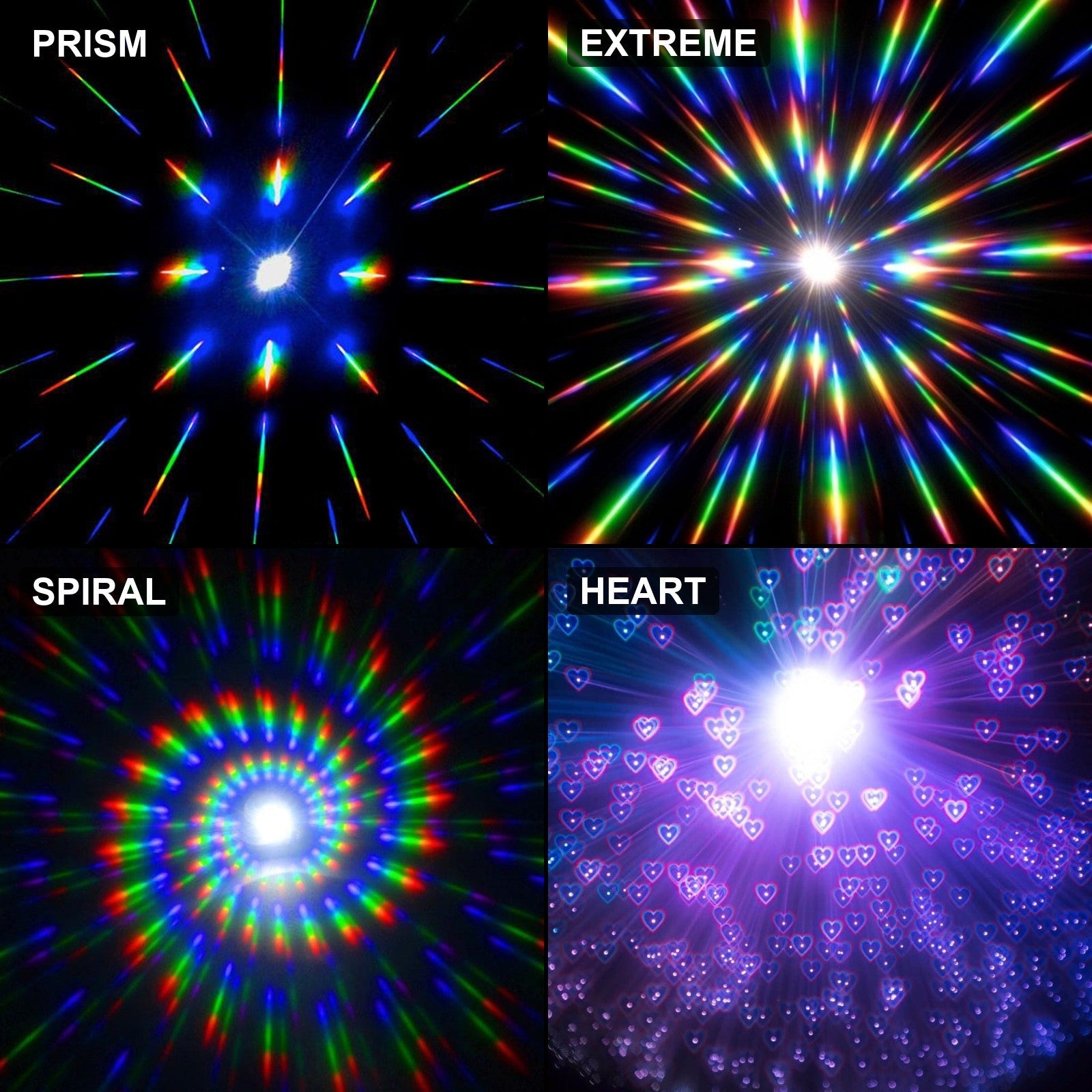 Diffraction Glasses lens effects side by side: Prism, Extreme, Spiral and Heart diffraction patterns