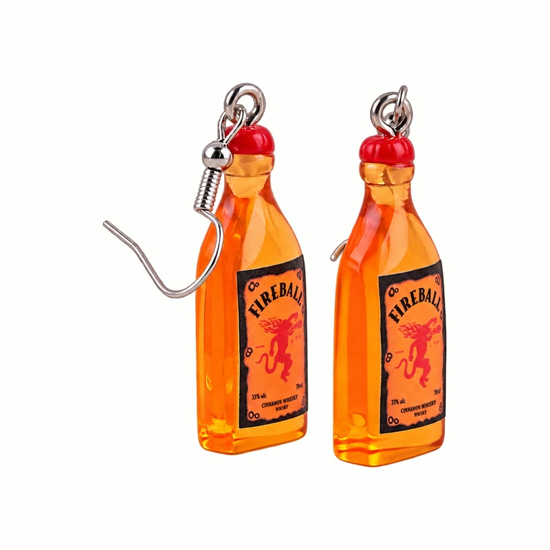 Doof Earrings in Fireballin', mini orange cinnamon whisky bottle drops