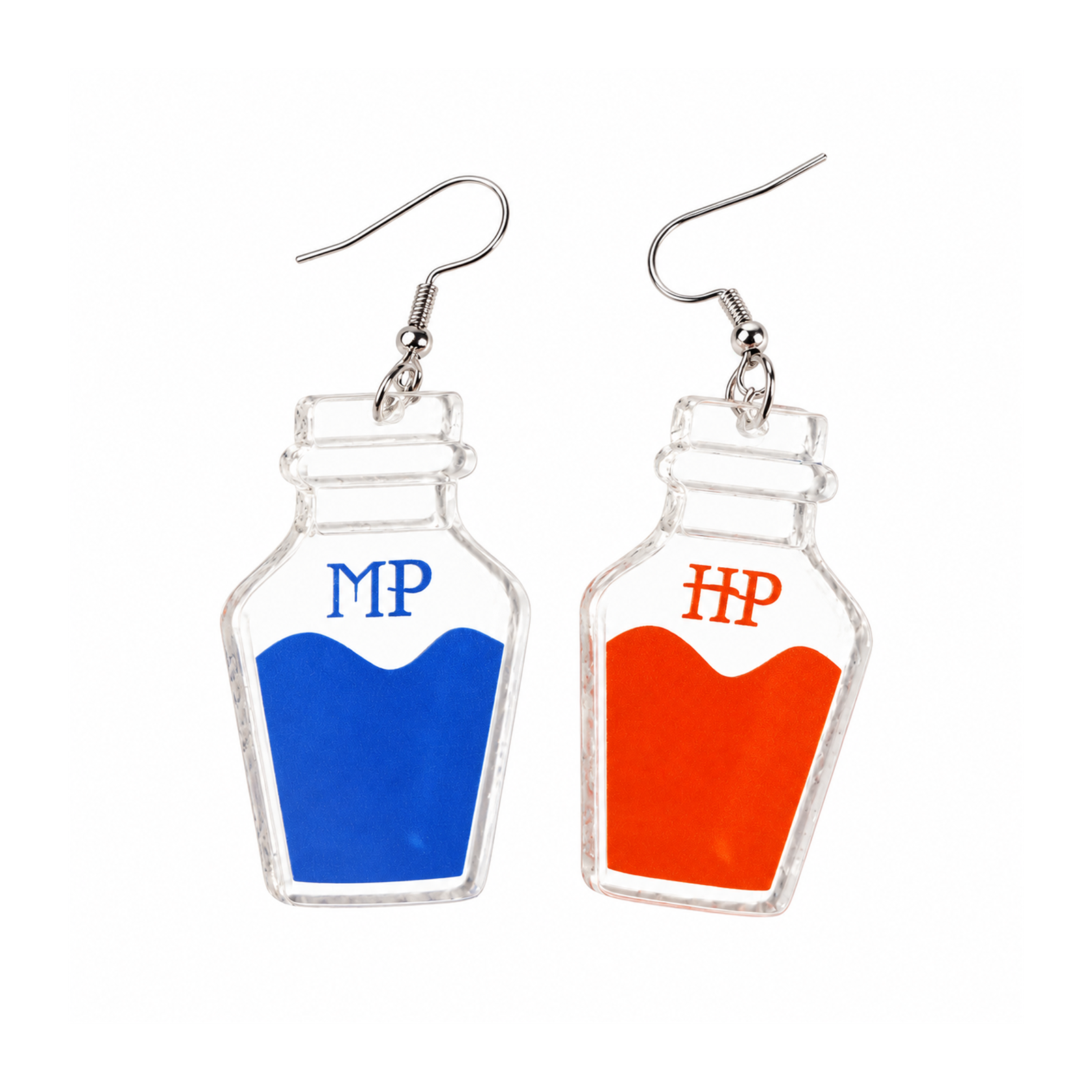HP potion bottle earrings with blue MP and orange HP charms on white