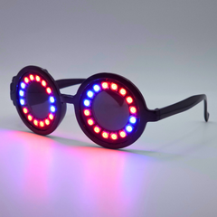 Halo LED Glasses (Performer Grade) LED rings glowing red and blue, angled view