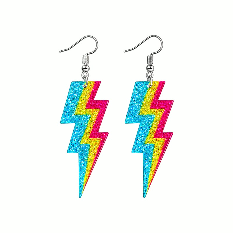 Doof Earrings in Neon Volt, rainbow glitter lightning bolt drops on hooks