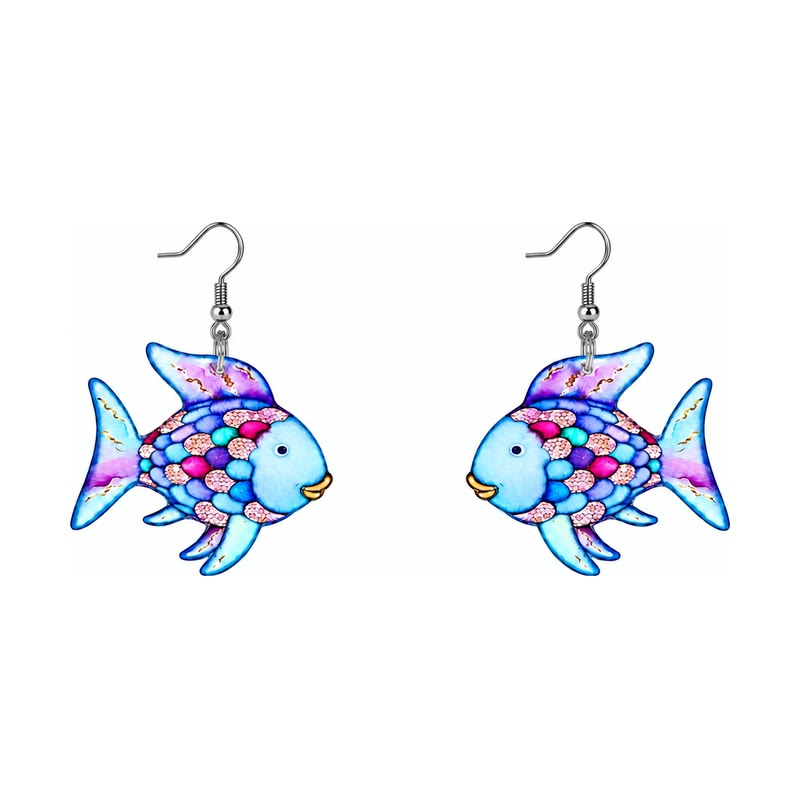 Retro Earrings in Rainbow Fish, iridescent blue and pink fish earrings
