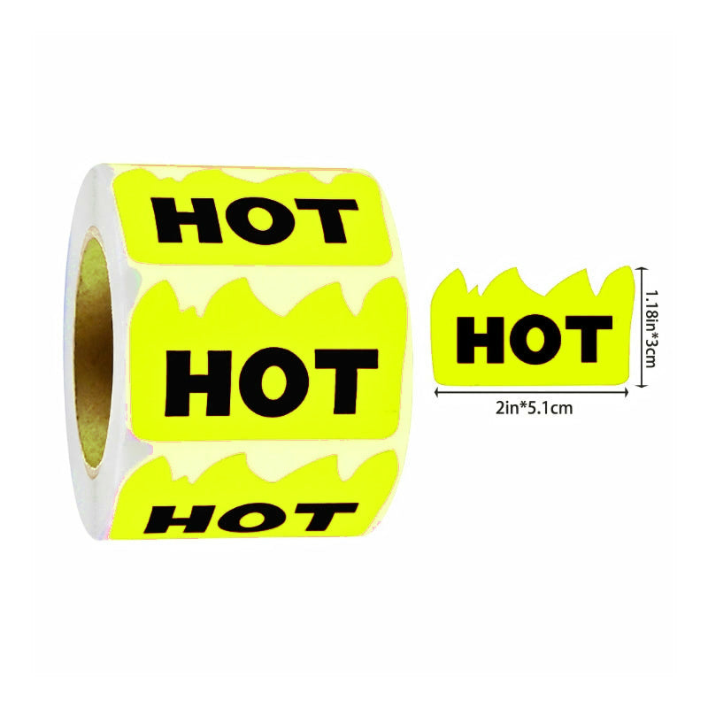 Hot Stickers in Yellow, roll of bold HOT labels with a single sticker shown beside it