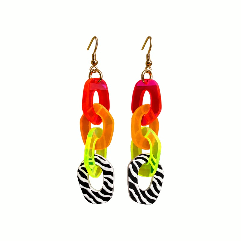 Doof Earrings in Safari, chunky red, orange and zebra print chain links