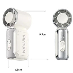 Mini Pocket Fan dimensions, 9.5cm tall and 4.3cm wide, front and side