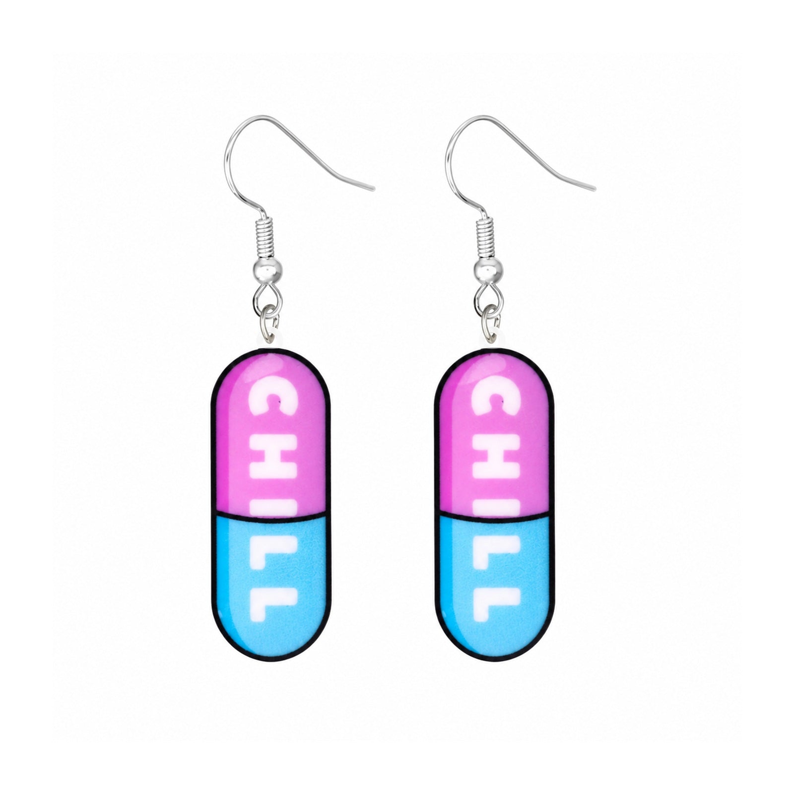 Chill Pill earrings with pink and blue capsule charms on white