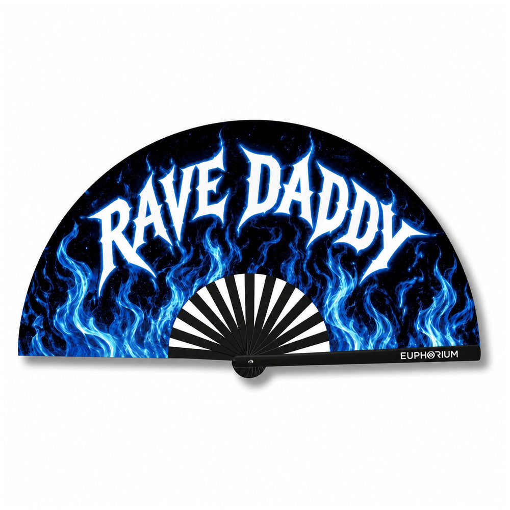 Blue flame Rave Daddy folding rave fan with black ribs and Euphorium logo