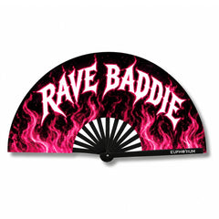 Pink flame Rave Baddie folding rave fan with black ribs and Euphorium logo