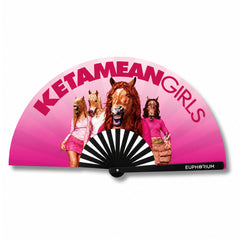 Pink Ketamean Girls folding rave fan with horse-headed character graphics