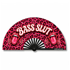 Pink leopard-print Bass Slut folding rave fan with tongue graphics and black ribs