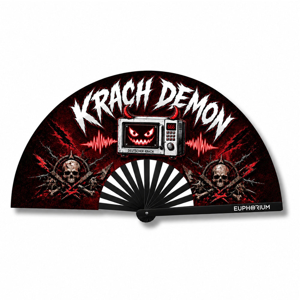 Red and black Krach Demon folding rave fan with skulls and television graphic