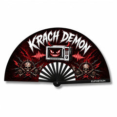 Red and black Krach Demon folding rave fan with skulls and television graphic