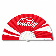 Red and white Serving Cunty folding rave fan with white ribs and black Euphorium logo