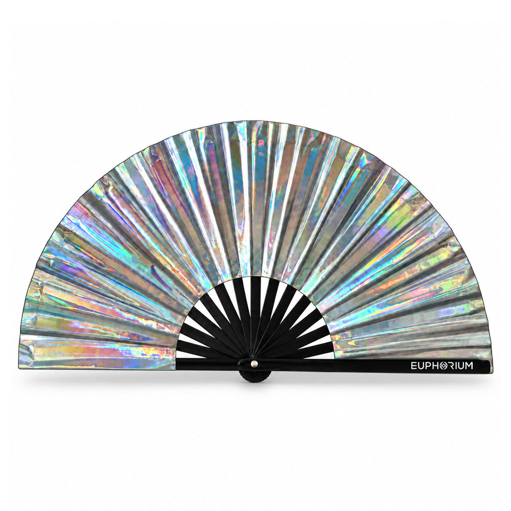 Silver holographic folding rave fan with black ribs and Euphorium logo