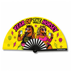 Yellow Year of the Horsey folding rave fan with colourful horse characters