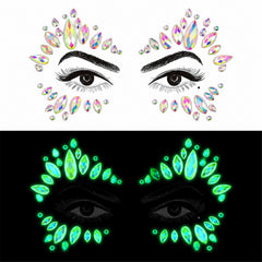Fairy face gems with iridescent jewels around both eyes, above their green glow in the dark