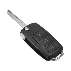 Car key fob replica closed with the flip key blade out, three-button face