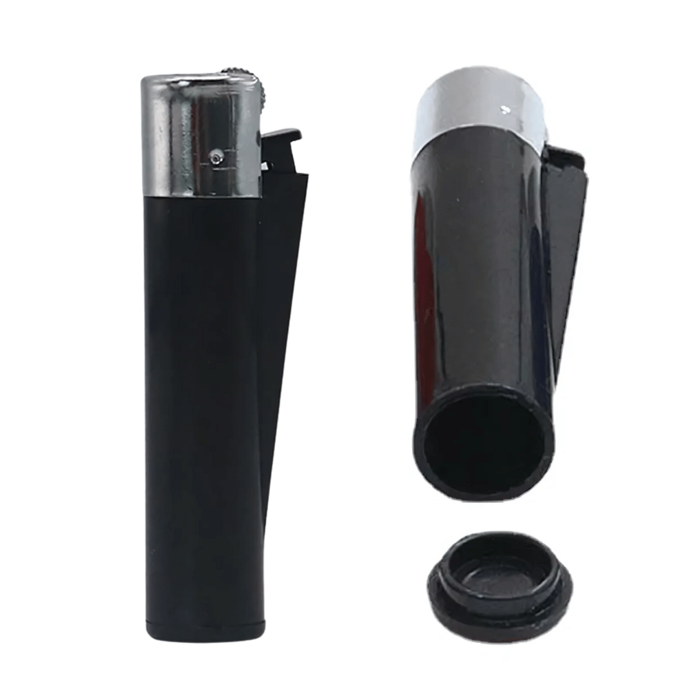 Black pocket lighter case opened to show the storage tube and screw cap