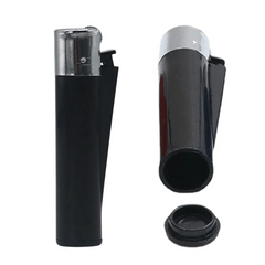 Black pocket lighter case opened to show the storage tube and screw cap