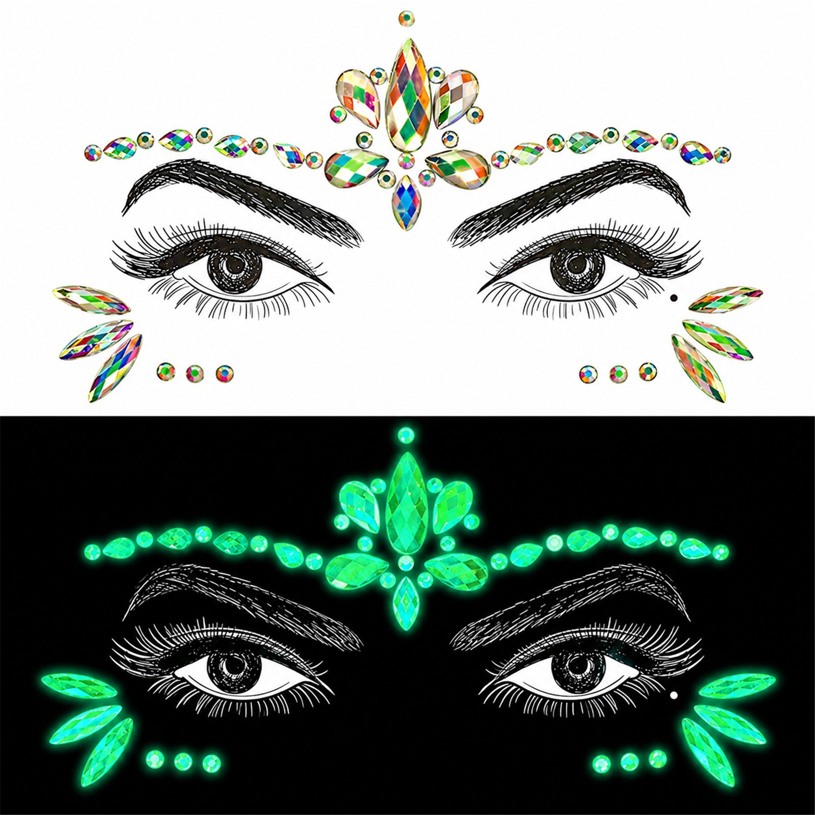 Princess forehead and cheek gems in normal light above the same design glowing green