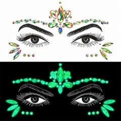 Princess forehead and cheek gems in normal light above the same design glowing green
