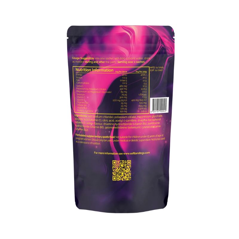 Soft Landings Dance Fuel Party Hydration Supplement pouch back with usage details
