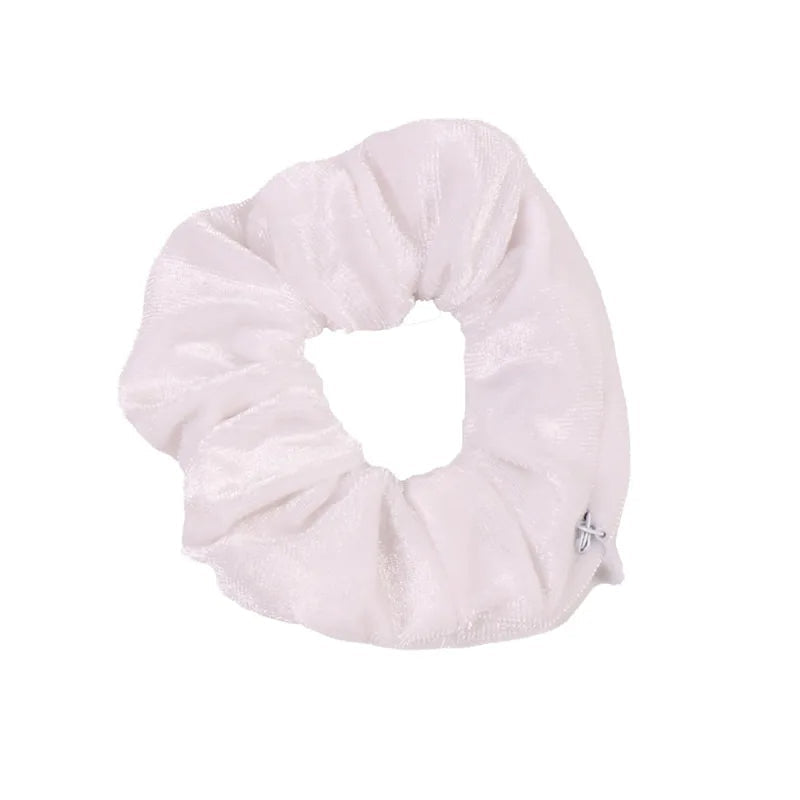 White plush zip pocket scrunchie with the zip closed