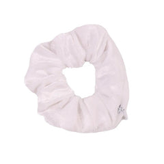White plush zip pocket scrunchie with the zip closed