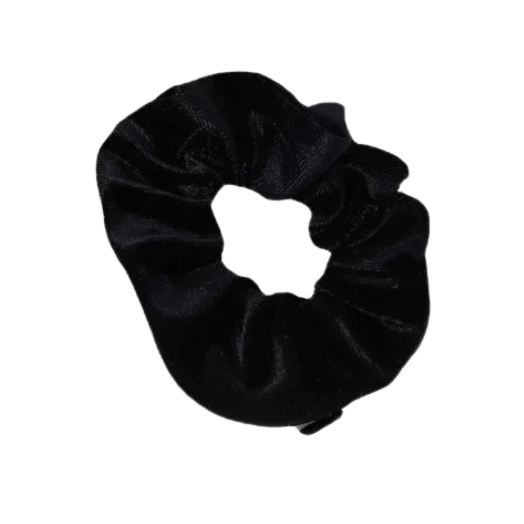 Black velvet zip pocket scrunchie, closed and ready to wear