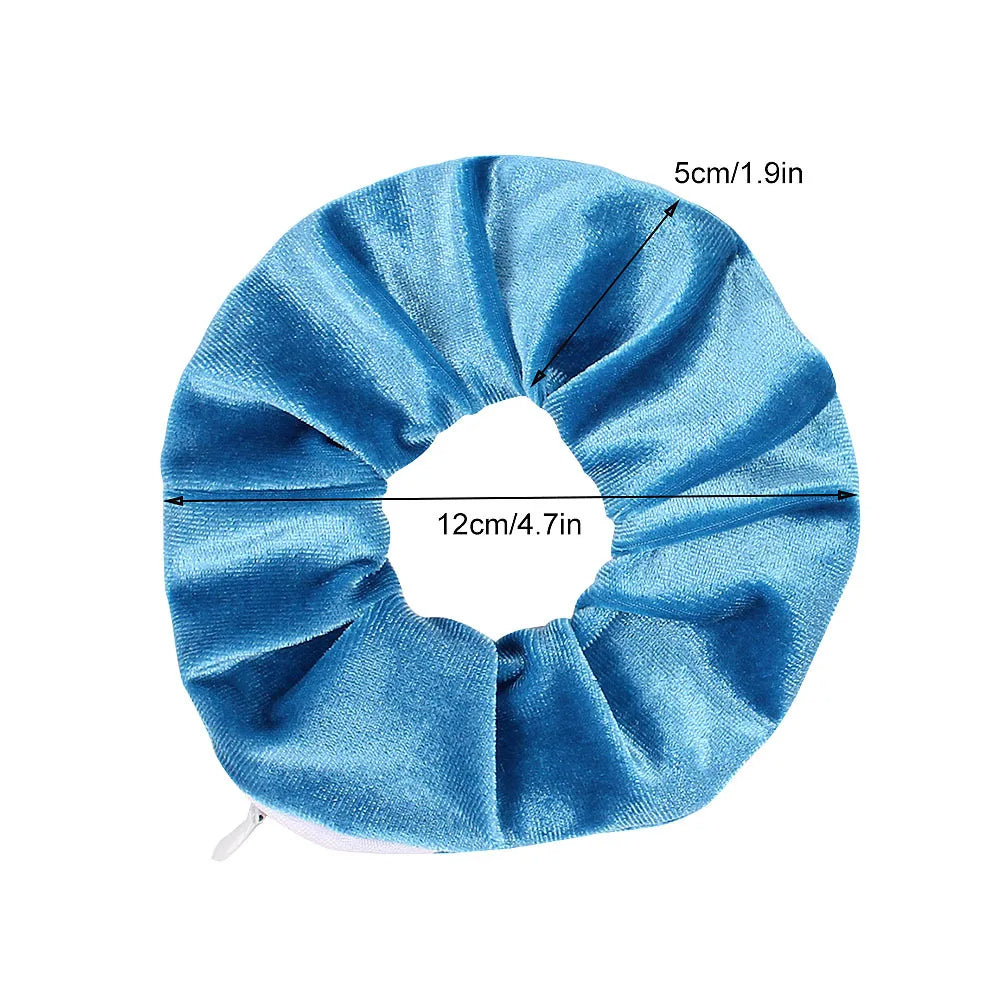 Blue velvet zip pocket scrunchie, 12cm across and 5cm wide