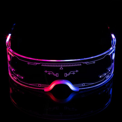 Cyberpunk LED Glasses in 2050 style, clear visor lit pink with circuit line pattern